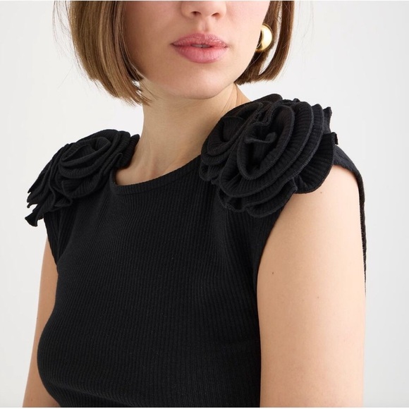 J.Crew Vintage Rib Rosette Tee Shirt Ivory Romantic Stretch Slim Large NWT - Picture 4 of 9